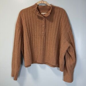 LA Hearts Brown Fuzzy Knit Henley Sweater Mock Neck Ribbed Pullover Womens Large
